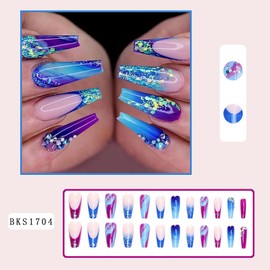 Vezocim Press on Nails Square Purple Gradient Glossy Full Cover Medium Acrylic Square False Nails with Rhinestone Designs Artificial Coffin Fake Nails Glue on Fingernails with Charm for Women