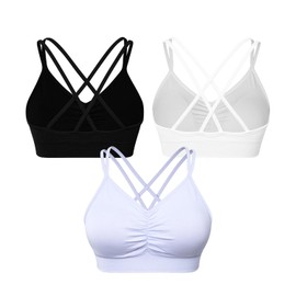VEQKING Ruched Women Sports Bra for Full Coverage, Wirefree Criss-Cross Strappy Back Comfortable Yoga Bras, Medium Impact with Removable Pads for Big Chests, 3 Pack