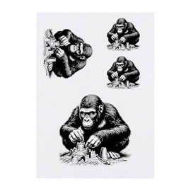 4 x 'Gorilla Building Sand Castles' Temporary Tattoos - Water Resistant, Skin-Safe, Non-Toxic Transfers, Mixed Sizes (TO00076122)