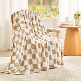 EMME Checkered Blanket Twin Size - 60"*80" Beige Soft Fluffy Warm Throw Blankets for Couch, Sofa, Chair, Bed, Camping, Picnic, Travel Lightweight Bed Blanket