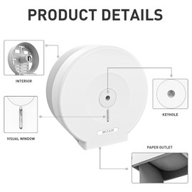 BEZADI Jumbo Toilet Paper Dispenser Wall Mount Waterproof Large Capacity Single Roll for Restrooms with Lock ABS White