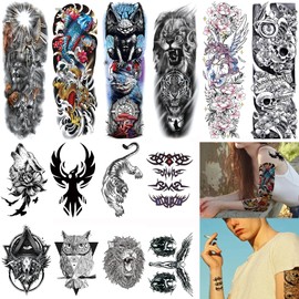 8 Sheets Full Arm Temporary Tattoos and 6 Sheets Temporary Tattoos for Men Adults, Flower Temp Tattoos Sleeve For Women, Waterproof Body Arm Chest Shoulder Floral Fake Tattoo Stickers