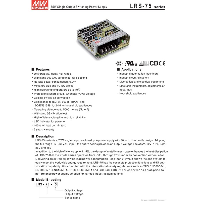 MeanWell lcapipad3-lrs – 75 – 12 AC/DC Power Supply DC