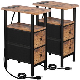 LOAKEKEL Narrow Nightstand with Charging Station, End Tables Living Room Set of 2, Skinny Side Table with Fabric Drawers, Slim Sofa Table for Bedroom, Small Spaces, Couch, Brown, HETNDP02BR