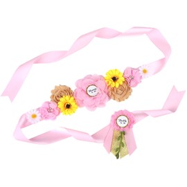 Lucky Summer Baby Shower Maternity Sash Mommy to Be Daddy to Be Corsage Pins Set Flower Belly Belt Photo Prop (Pink Sunflower)
