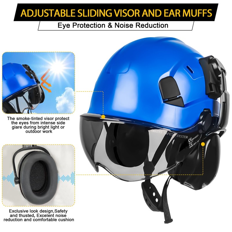 SMASYS Safety Hard Hat ABS Helmet Adjustable with Visor 6-Point