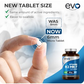 EVO NUTRITION Vitamin K2 MK-7 200mcg | 365 Vegetarian and Vegan Tablets (not Capsules) | 1-A-Day | Supports Maintenance of Normal Bones | One Years Supply of High Strength Vitamin K2 Menaquinone MK7