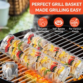 Grill Basket 2 PCS, BBQ Grill Basket, Rolling Grilling Basket, Stainless Steel Grill Mesh Barbeque Grill Accessories, Portable Grill Baskets for Outdoor Grill for Fish, Shrimp, Meat, Vegetables, Fries