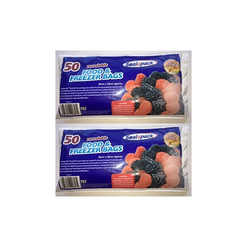 2x Sealapack 50 Resealable Food & Freezer Bags 18cm x
