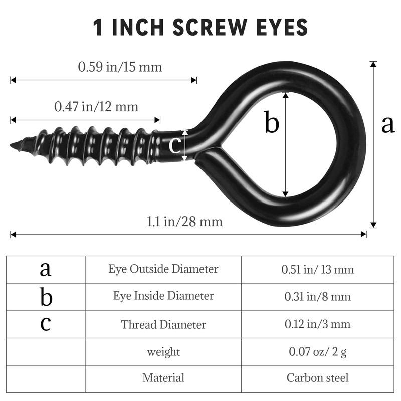 1 Inch Black Screw Eyes, 100 Pcs Metal Screw Hooks,