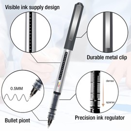 HRLORK Rollerball Pens 16 Pack Black Ink Pens 0.5mm Liquid Ink Quick-Drying Ballpoint for Journaling Note Taking School Office Home