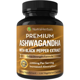 NUTRAHERBALS Ashwagandha Supplement Made with Premium Ashwaganda Root Powder 1200mg with Black Pepper Extract for Increased Absorption - 120 Vegi Capsules