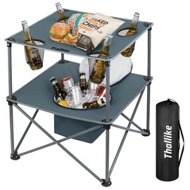 Portable Picnic Camping Table with Cooler, Folding Beach Table with 4 Tear Resistance Cup Holders, Tailgating Table Carry Bag for Travl, Beach, Summer Cookout Essential