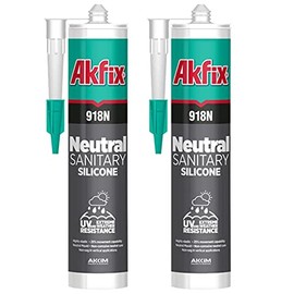Akfix 918N Neutral Cure 100% Silicone Sealant - White Caulking for Bathroom & Sanitary Applications, All-Weather, and Waterproof Sealant Mastic with Low Odor | 2 Pack, 10.5 Oz. Cartridge