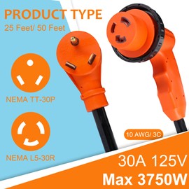 Rvhouse 50 FT 30 Amp RV Extension Cord Outdoor with Grip Handle, Heavy Duty 10/3 Gauge STW Cord Waterproof Heat-Resilient, NEMA TT-30P to L5-30R, ETL Listed for RV Camper Trailer