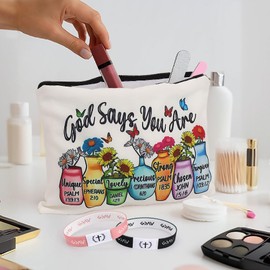 FIDWALL Christian Bible Verse Bracelets with NFC & Inspirational Makeup Bag, Daily Scripture Bracelets for Women (Black & Pink), Encouraging Christian Gifts for Her (Floral Blossoms)