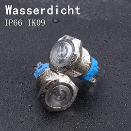 JIQI 2 x 16 mm latching pressure switch, metal, 12 V to 24 V, 3 A, latching on/off switch with blue LED symbol, IP66, 1NO1NC, self-locking waterproof pre-wired push button for boat, truck, RV, car