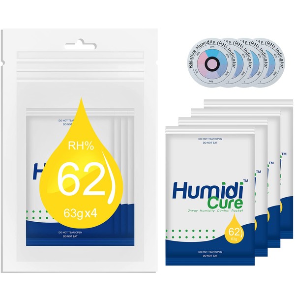 Humidi-Cure Humidity Packs,2 Way Cigar Humidor Packets,4Pack 63Gram Humidity Control Packs with RH Indicator Card