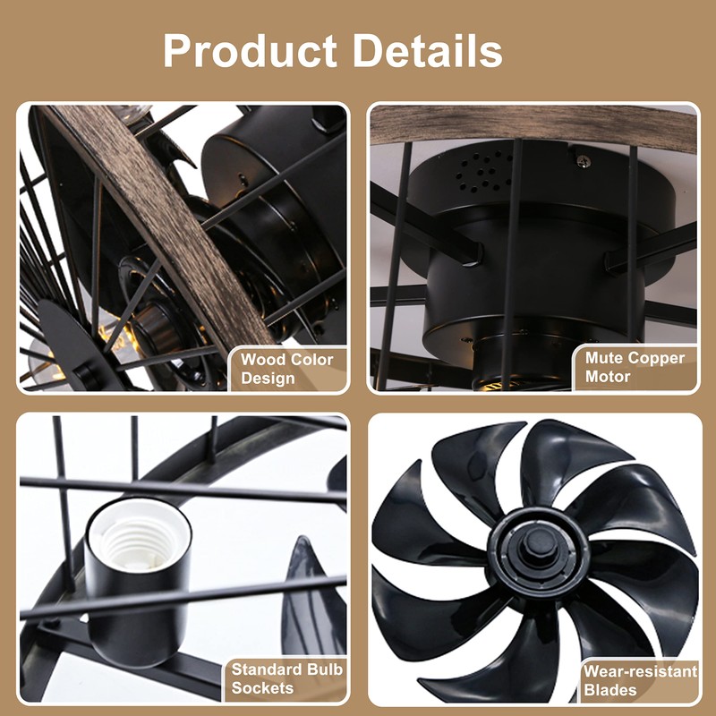 Ohniyou Flush Mount Caged Ceiling Fan with Lights Remote Control,