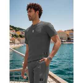 UOUA Mens Short Sets 2 Piece Summer Outfits Casual Short Sleeve Crew-Neck Shirts & Shorts Track Suit Jogging Loungewear DarkGrey 2XL