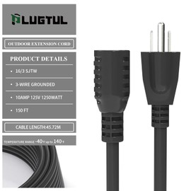 150 FT Outdoor Extension Cord Waterproof, 16/3 Black Heavy Duty 3 Prong Extension Cord, 10A 1250W SJTW, ETL Listed, Great for Garden and Home