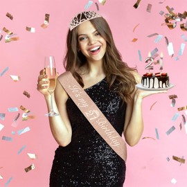 Amosking Amosking 21st Birthday Decorations for her, Including 21st Birthday Sash and Tiara, Cake Topper and Candles, Rose Gold Number Balloons, 21 Year Old Gifts for Her