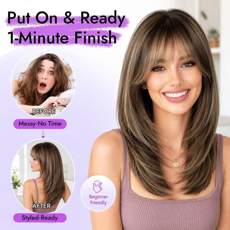 Eawwii Wig with Bangs for Women,Brown Blonde Synthetic 4x4 Scalp