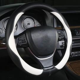 New Sporty Car Steering Wheel Cover for Men Women,Universal Fit Line Shape 14"/15"/16" PU Leather Anti-Slip Steering Wheel Covers for Trucks, Pickup, SUV (Black&White, Standard(14'' 1/2''-15''))