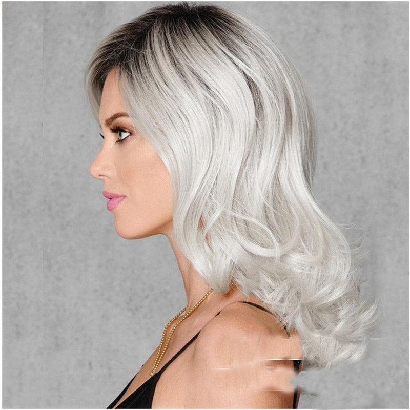 Shi Big Wave Wig, Black, Silver, Grey, Slightly Curly, Medium