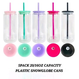 20/16oz Larger capacity 5 pack DYI snowglobe plastic can cups Crafting project snow globe drinkware Set Tumbler Washable Reusable Portable Mug Bottles - Color: Clear Lid 5 pack