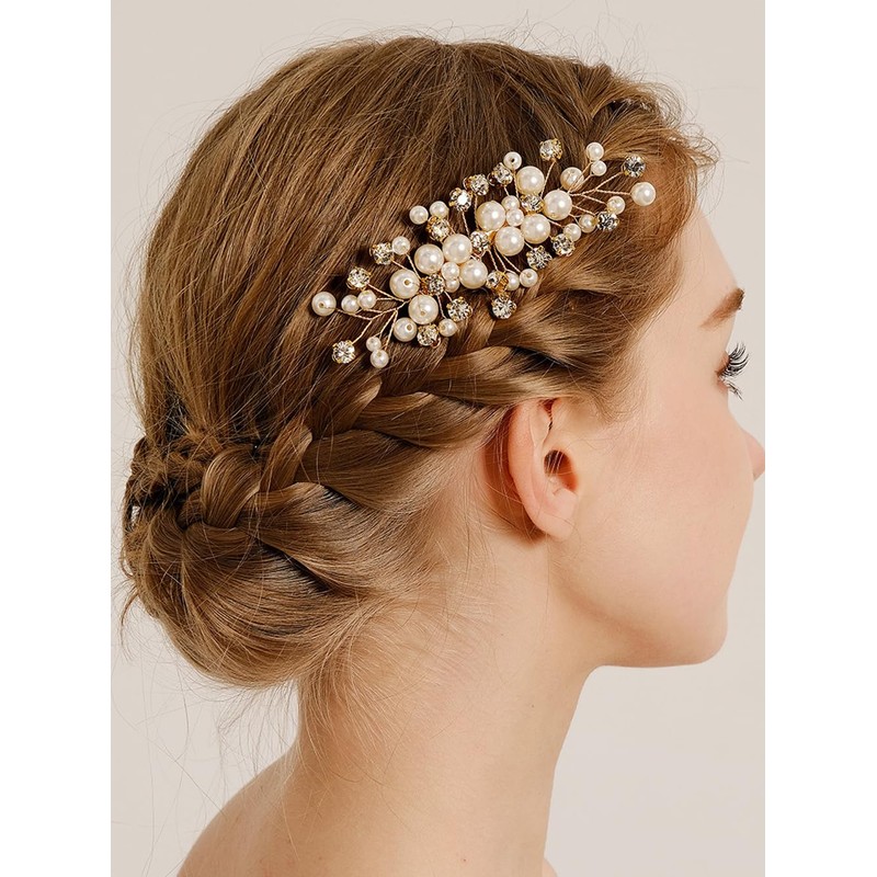 Wekicici Pearl Wedding Hair Comb Bridal Crystal Headpiece Gold Silver