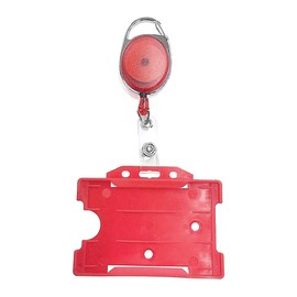 PCL Media ltd Red Retractable Badge Reel with Carabiner Clip and Red ID Card Holders, Open-Faced Rigid ID Badge Holder - Holds One ID Card Ski Pass Holder