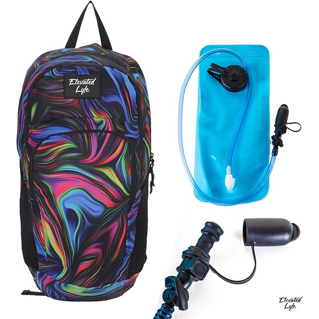 Elevated Lyfe Hydration Backpack - Lightweight Water Drinking Pack, Trippy Design - Running, Hiking, Biking, Festival, Raves, Concert, Camping Gear with Hydrating System, Mouthpiece - 2 Liters