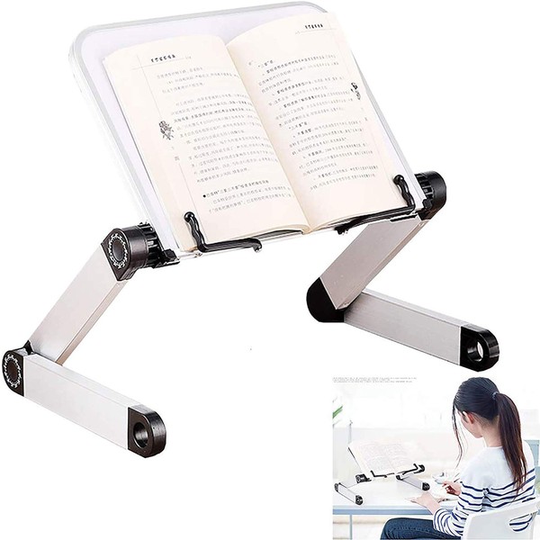 Adjustable Book Stand, Height- and Angle-Adjustable Ergonomic Book Holder with Side Paper Clips for Music Books, Tablet, Cooking Recipe, Durable and Lightweight Aluminium Book Holder