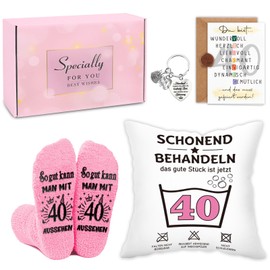 TUZELIYA 40th Birthday Women's Gift Set, 4 Pieces Including 45 x 45 cm Cushion Cover, Socks, Key Ring and Birthday Cards, Gifts for Women, Mum, Sister, Best Friends