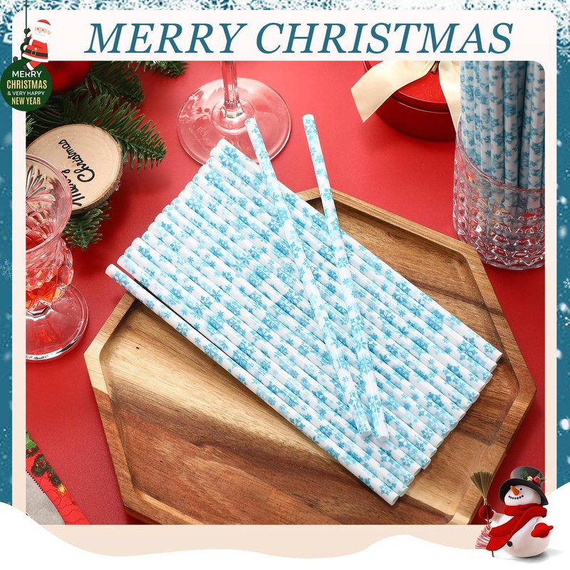 50 Pcs Christmas Plastic Drinking Straws Winter Snowflake Hard Disposable