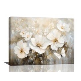 Floral Bathroom Wall Art, White Flower Pictures, Floral Canvas Painting for Living Room, Nature Watercolor Framed Artwork for Bathroom Bedroom Decor 16L'' × 12W''