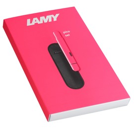 Lamy Pico Neon Pink Ballpoint Pen Gift Set - Innovative Pocket Pen Ballpoint Pen - 1 Click for Full Size - Metal Housing & Line Width M - Includes Genuine Leather Case & Compact Lead M 22 in Black