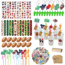 Football Party Favors, 172 pcs Birthday Party Supplies contains Cups, Straws, Whistles, Bracelets, Keychains, Stickers, Soft Balls, Tatoo Stickers, Thank You Tags for Sport Themed Birthday Decors