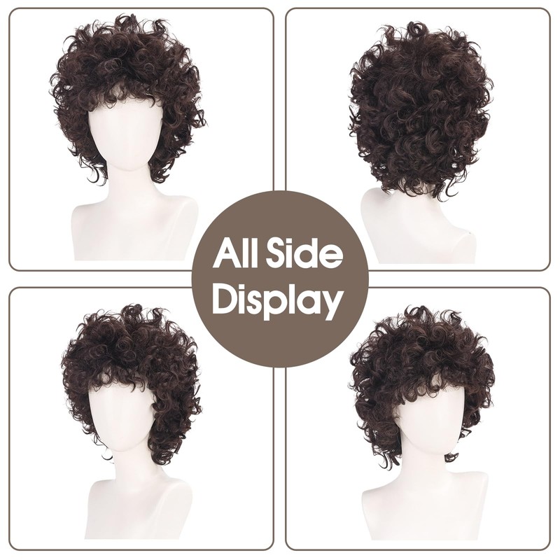 Brown Curly Wig Men 70s 80s Short Fluffy Afro Brown