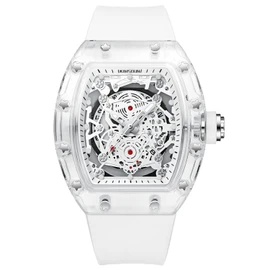 KIMSDUN-Stylish Skeleton Sport Watches, Waterproof, Analog Quartz Date Calendar Wristwatch, Transparent Tonneau Case Casual Watch, Silicone Strap for Men Unisex