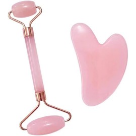 Jade Roller and Gua Sha Stone Massage Tool Set, Natural Rose Quartz Jade Face Roller Stone for Skin Care Anti Aging, De-Puffing, Detoxifying, Brightening, and Refreshes Skin Tool (Pink)