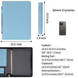 Wonderpool Travel Zippered Portfolio 3 Ring Binder A4 Padfolio Document Case with Removable Clipboard Legal Pad Holder, Business Office School Organizer for Men and Women (Light Blue)