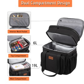 Expandable XLarge Lunch Box, Insulated Heavy Duty Lunch Bag Waterproof Leakproof Durable Cooler Bag for Men Women Adults Work Construction Camping Trip, 25L, Black, GLENKEY