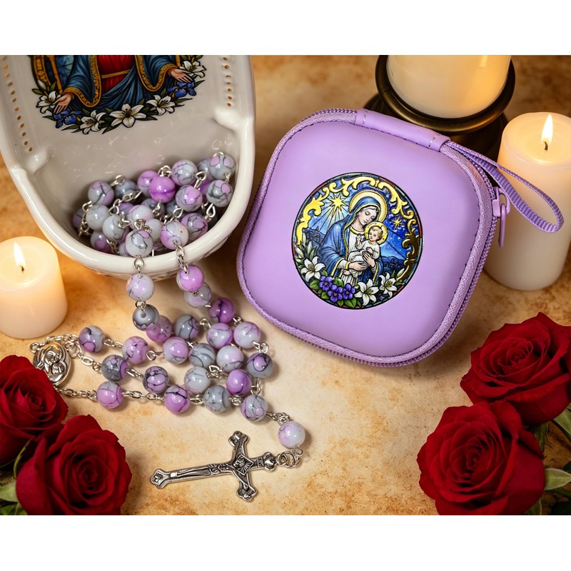 SUTANALE Rosary Beads Catholic for Women (Light Purple - Madonna