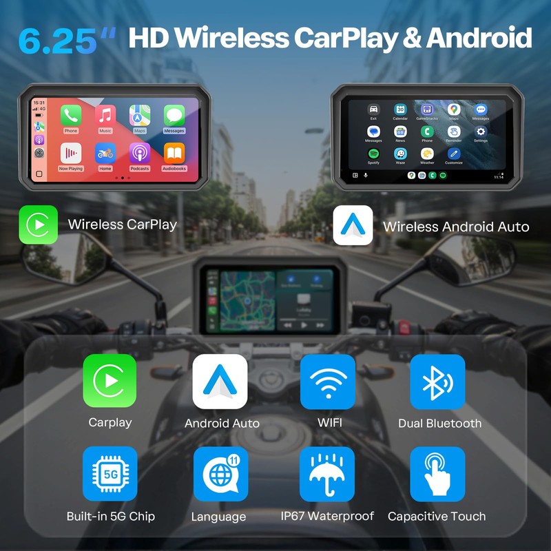 WonVon 6.25 Inch Wireless Motorcycle Carplay GPS Navigation System with