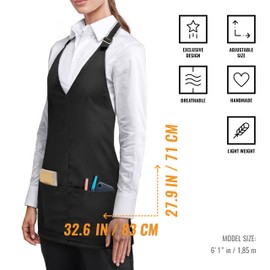 Under NY Sky V Neck Short Apron - Unisex Bib, Tuxedo Style - Lightweight, Front Slit, Hip Pockets - Adjustable For Server, Waiter, Chef, Bistro, Restaurant, Gift - Black V Neck Short Apron