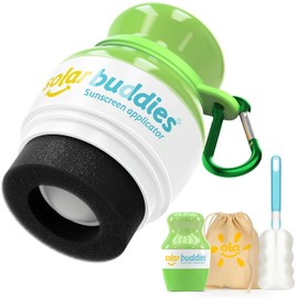 Solar Buddies Grab & Go Travel Bundle, Carabiner Clip & Cleaning Brush - Green - Full Size - Refillable Roll-On Sponge Sunscreen & Lotion Applicator for Kids, Adults & Families - 100ml