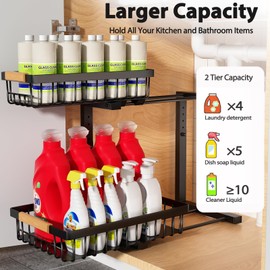 Liuoud Under Sink Organizer Storage 2 Pack, 2 Tier Slide Out Height Adjustable Pull Out Cabinet Organizer Drawer for Kitchen Bathroom Large Under Sink Shelf Rack Caddy for Pantry, Black