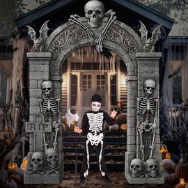 Halloween Skeleton Party Decorations Scary Tombstones Door Banner Creepy Bats Porch Signs Graveyard Photo Booth Props Backdrops for Halloween Gothic Outdoor Indoor Haunted House Decor Supplies